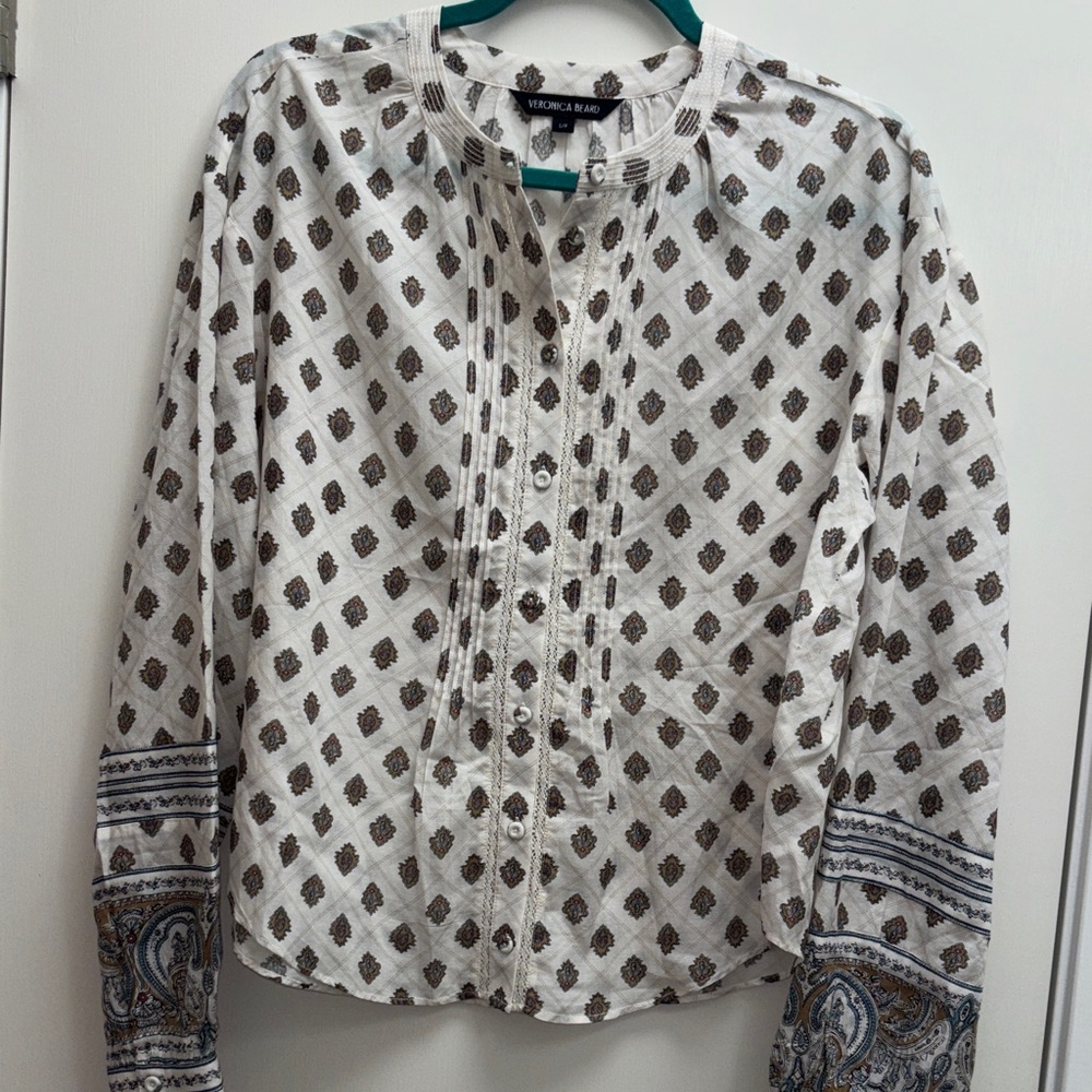Veronica Beard White Button-Up Blouse with Brown Motif and Blue Paisley Cuffs